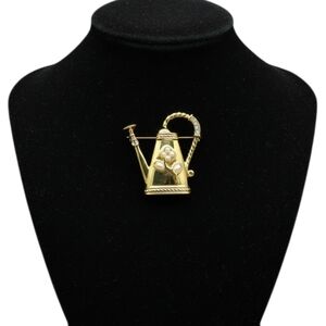 1928 Jewelry Gold Tone Watering Can Brooch Faux Pearl Floral & Rhinestones